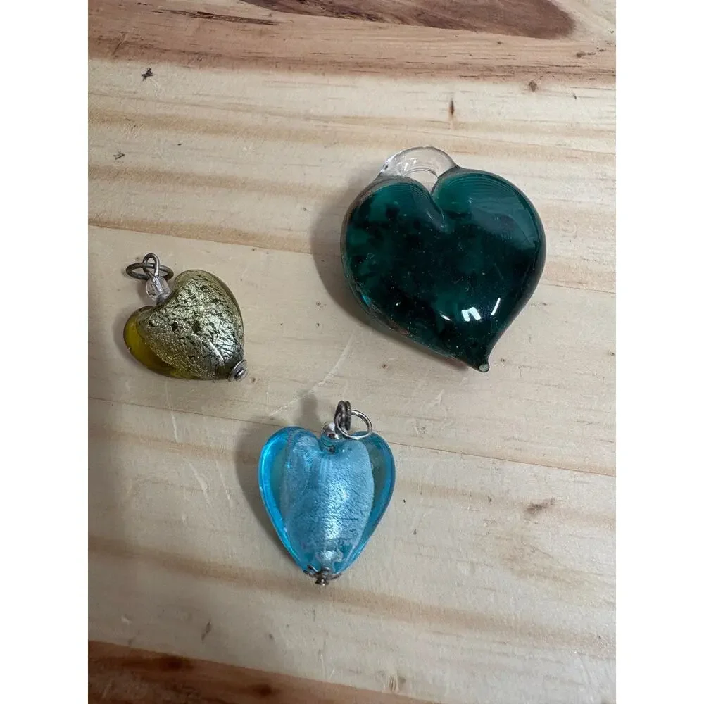 Glass Heart Pendant Charms Blue Green Yellow Set of 3 Vintage